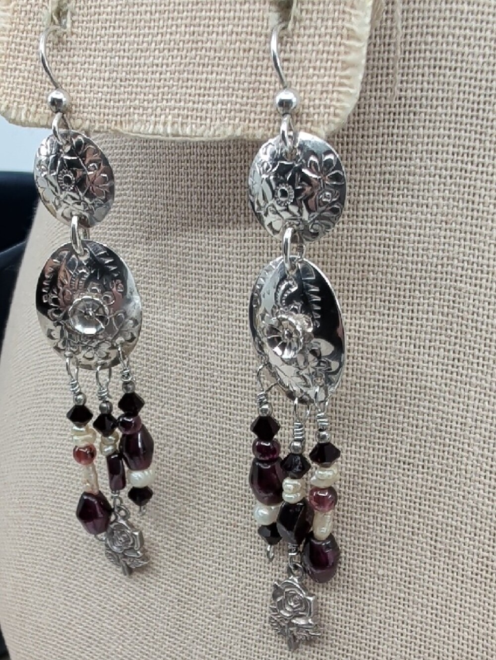 Vintage 925 Sterling Silver Floral Repoussé Chandelier Earrings 3" - Picture 6 of 17